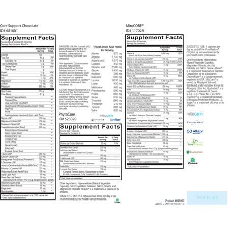 Core Restore Chocolate 7-Day ingredient panel with probiotics, prebiotic fibers, enzymes and gut support nutrients