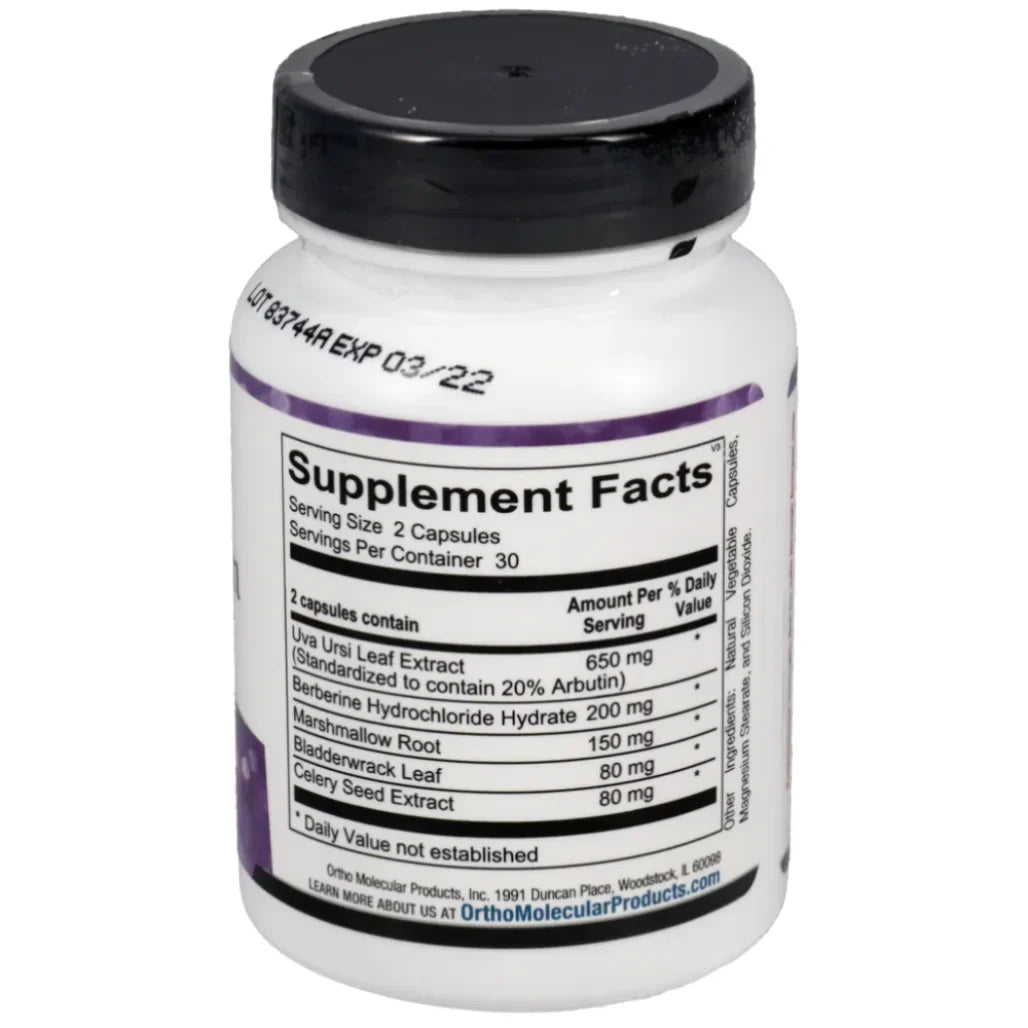 Ingredients list of Ortho Molecular Cystistatin with uva ursi, berberine, marshmallow root and celery seed