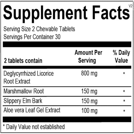 DGL ingredient panel showing deglycyrrhizinated licorice and supporting digestive nutrients for GI comfort