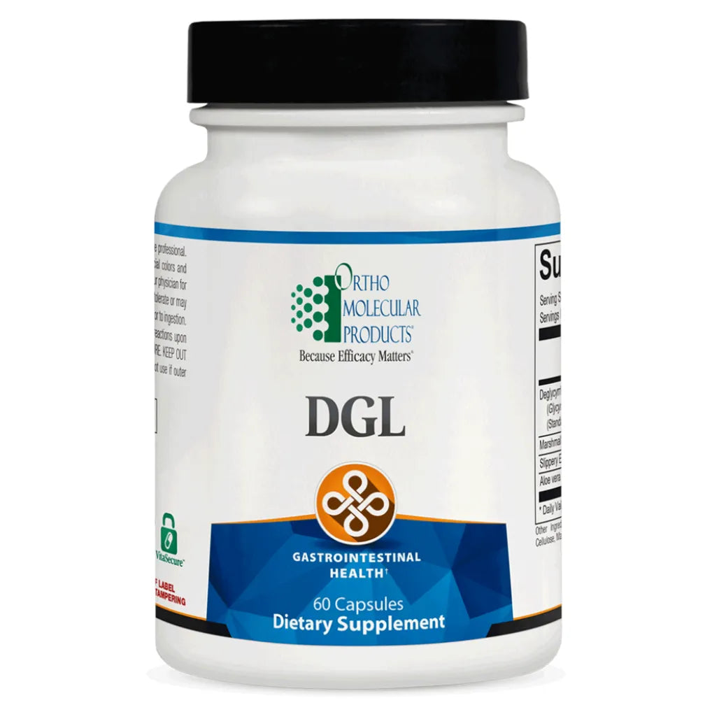 Ortho Molecular DGL chewable supplement bottle for digestive comfort and soothing gastric support