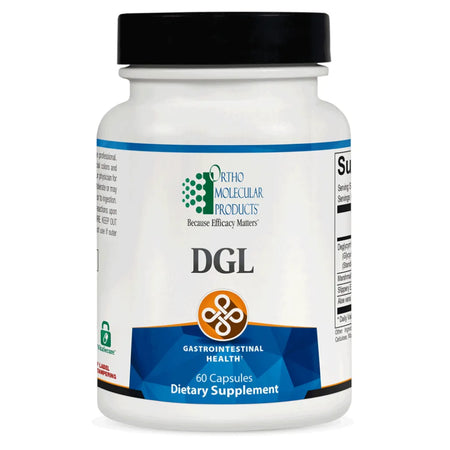 Ortho Molecular DGL chewable supplement bottle for digestive comfort and soothing gastric support