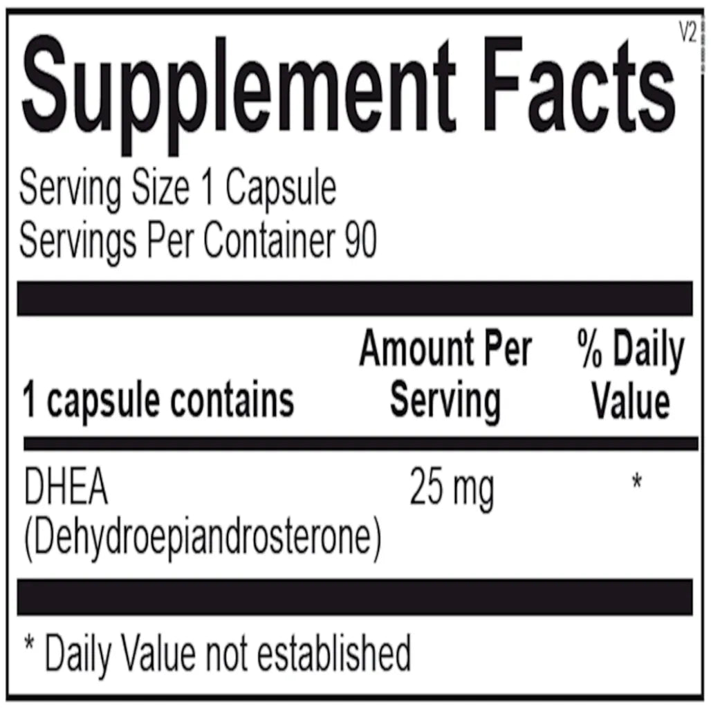 Ingredients list for DHEA 25 mg softgels with dehydroepiandrosterone and supportive components