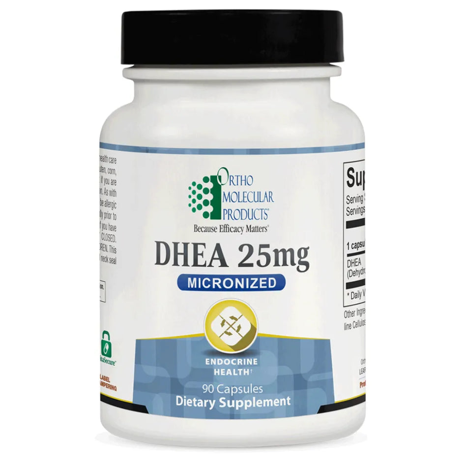 Ortho Molecular DHEA 25 mg hormone support supplement bottle for energy, mood and aging health