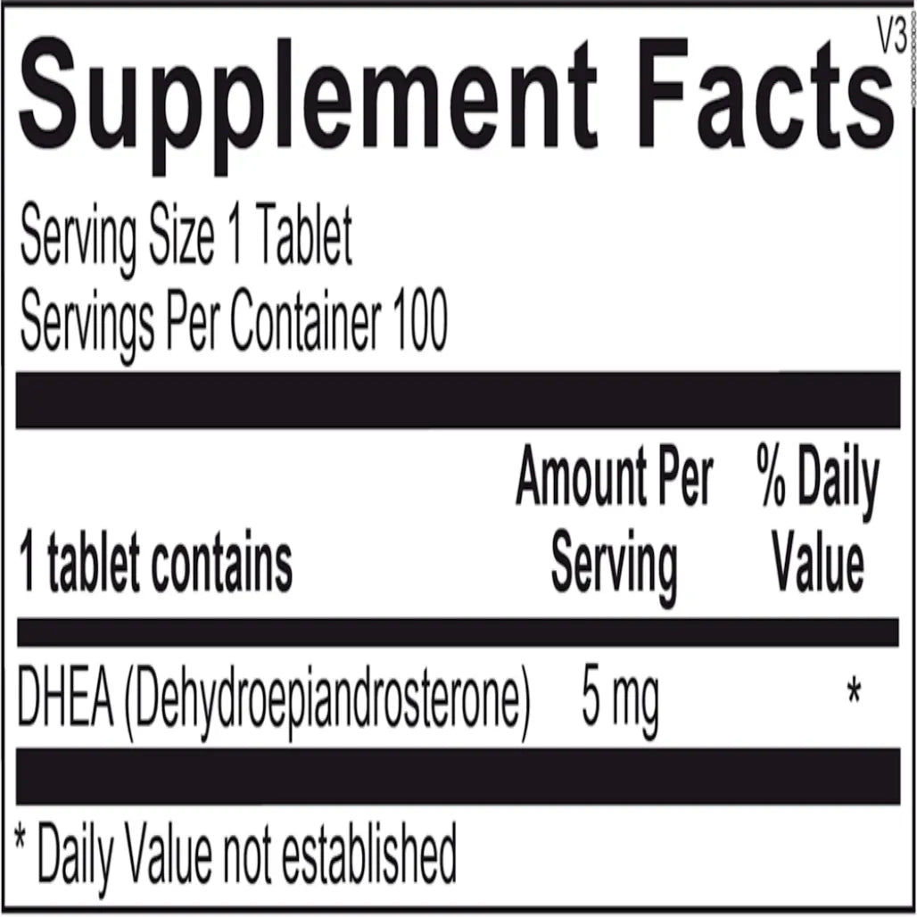 DHEA 5 mg ingredient panel showing dehydroepiandrosterone and softgel components for hormone support
