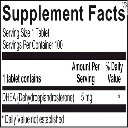 DHEA 5 mg ingredient panel showing dehydroepiandrosterone and softgel components for hormone support