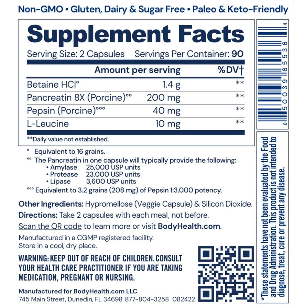 Supplement Facts for BodyHealth Digestive Enzymes showing serving size, Betaine HCl, Pancreatin, Pepsin, and full enzyme profile for gut health.