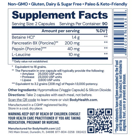 Supplement Facts for BodyHealth Digestive Enzymes showing serving size, Betaine HCl, Pancreatin, Pepsin, and full enzyme profile for gut health.