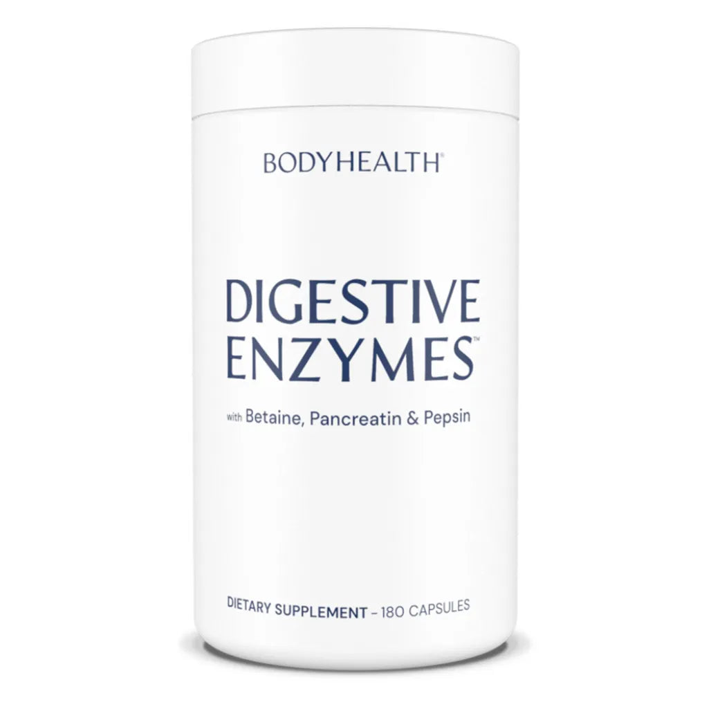 BodyHealth Digestive Enzymes supplement with Betaine, Pancreatin, and Pepsin. Dietary supplement containing 180 capsules for digestive support.