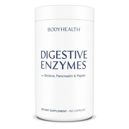 BodyHealth Digestive Enzymes supplement with Betaine, Pancreatin, and Pepsin. Dietary supplement containing 180 capsules for digestive support.