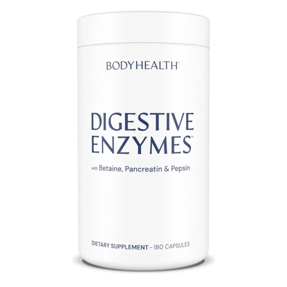BodyHealth Digestive Enzymes supplement with Betaine, Pancreatin, and Pepsin. Dietary supplement containing 180 capsules for digestive support.