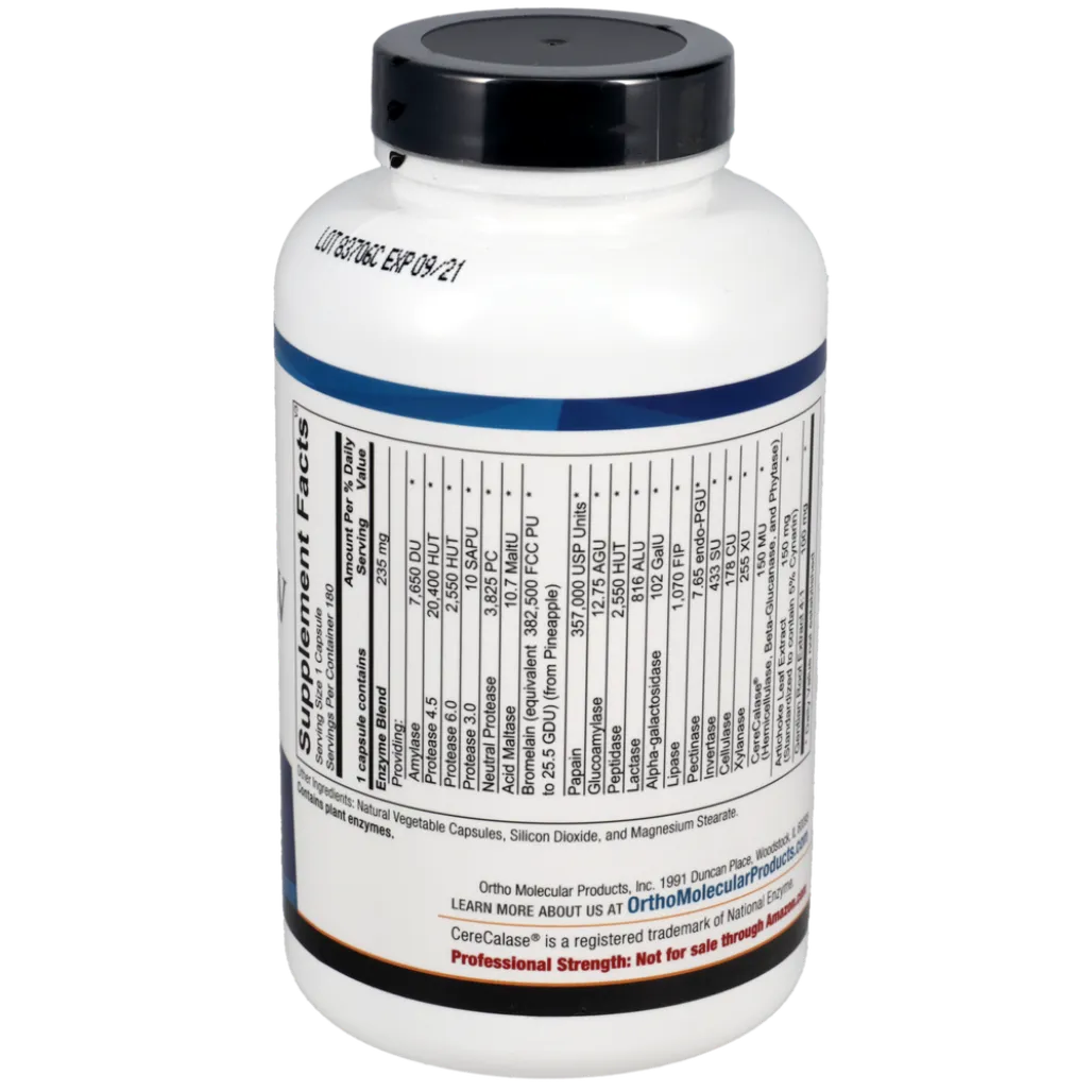 Supplement facts of Ortho Molecular Digestzyme‑V showing vegetarian enzyme blend for improved digestion