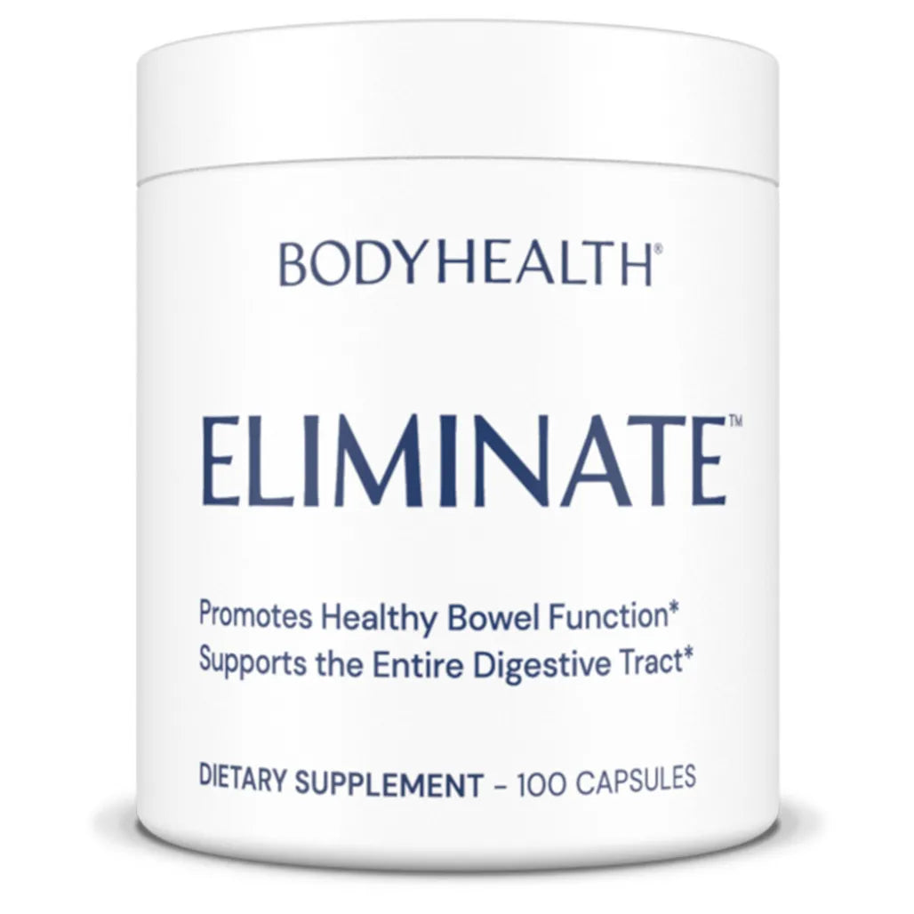 BodyHealth Eliminate supplement for healthy bowel function and digestive tract support; 100 capsules of dietary supplement for gut wellness.