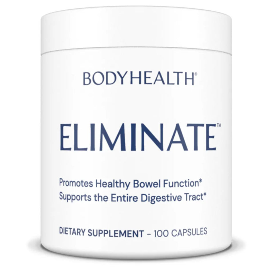 BodyHealth Eliminate supplement for healthy bowel function and digestive tract support; 100 capsules of dietary supplement for gut wellness.