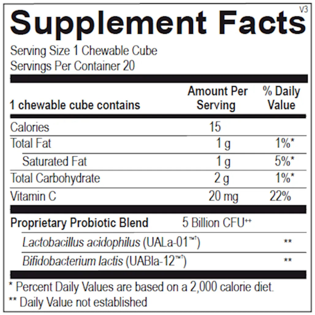 Flora Bites ingredient panel with probiotics, prebiotic fiber and digestive support nutrients for gut health