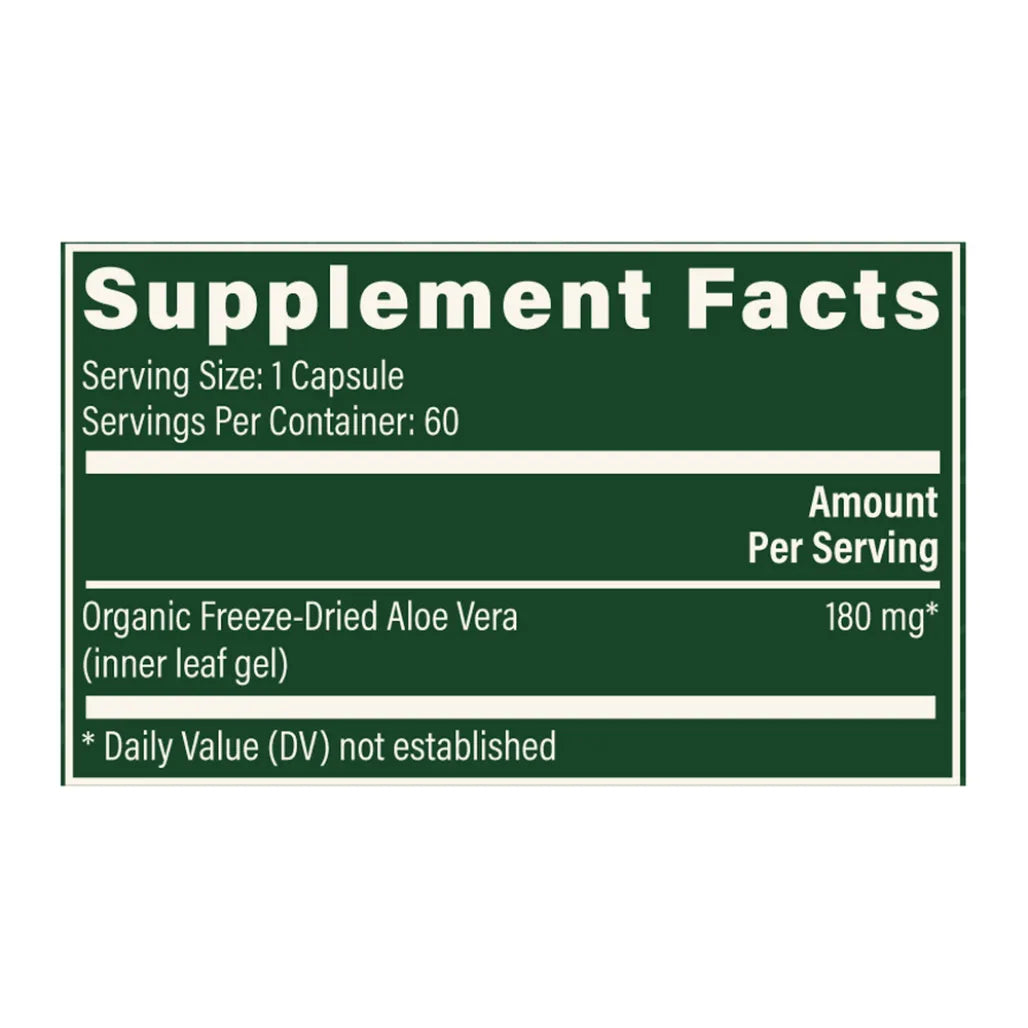 Aloe Vera supplement facts label showing freeze-dried organic aloe vera inner leaf gel