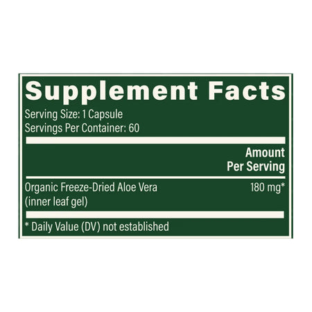 Aloe Vera supplement facts label showing freeze-dried organic aloe vera inner leaf gel