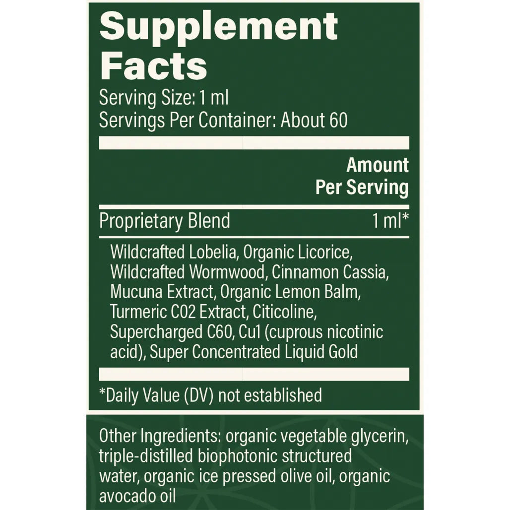 Foreign Protein Cleanse Nutrition Facts Label Showing Proprietary Herbal Blend with Lobelia Licorice Wormwood Cinnamon Mucuna and Supercharged C60 Ingredients