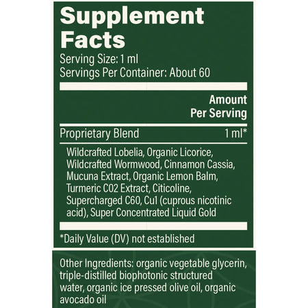Foreign Protein Cleanse Nutrition Facts Label Showing Proprietary Herbal Blend with Lobelia Licorice Wormwood Cinnamon Mucuna and Supercharged C60 Ingredients