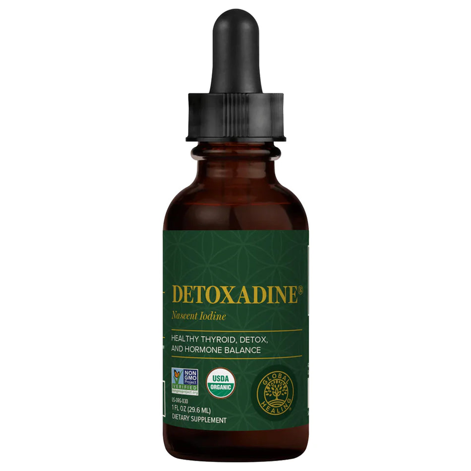 Detoxadine Nascent Iodine Supplement Ingredients Showing Organic Iodine Vegetable Glycerin and Structured Water