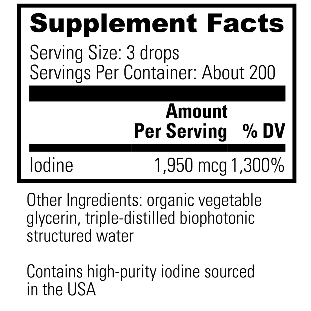Detoxadine Organic Nascent Iodine Ingredients Panel with High Purity Iodine 1950mcg and Clean Vegetable Glycerin Base