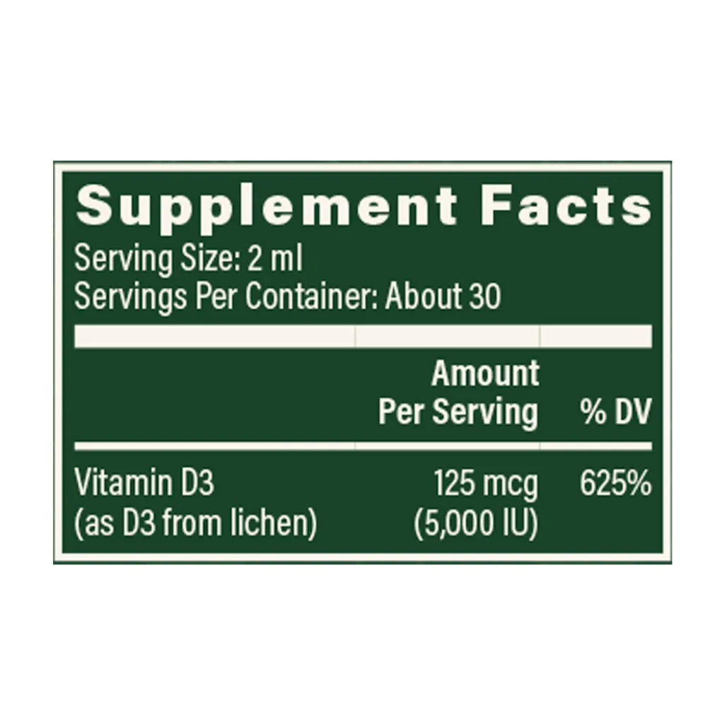 Plant Based Vitamin D3 125 mcg 5000 IU Nutrition Facts Label Showing Cholecalciferol from Lichen and Ingredient Details