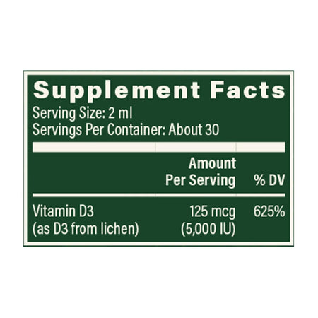 Plant Based Vitamin D3 125 mcg 5000 IU Nutrition Facts Label Showing Cholecalciferol from Lichen and Ingredient Details
