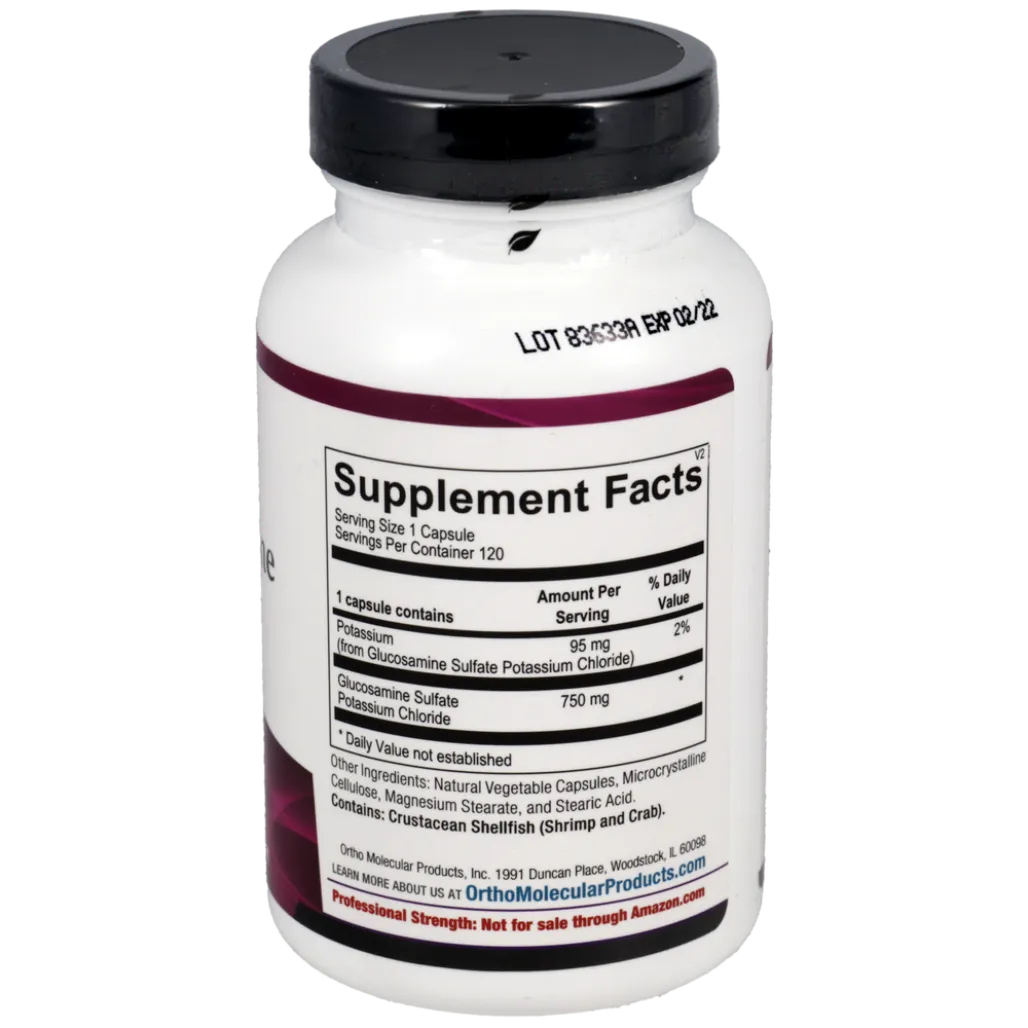 Glucosamine Sulfate Ortho Molecular Products ingredient label showing joint support formula details