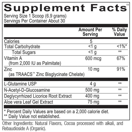Gluta-Shield Chocolate ingredients panel with glutamine, NAC, vitamin C and antioxidant nutrient blend