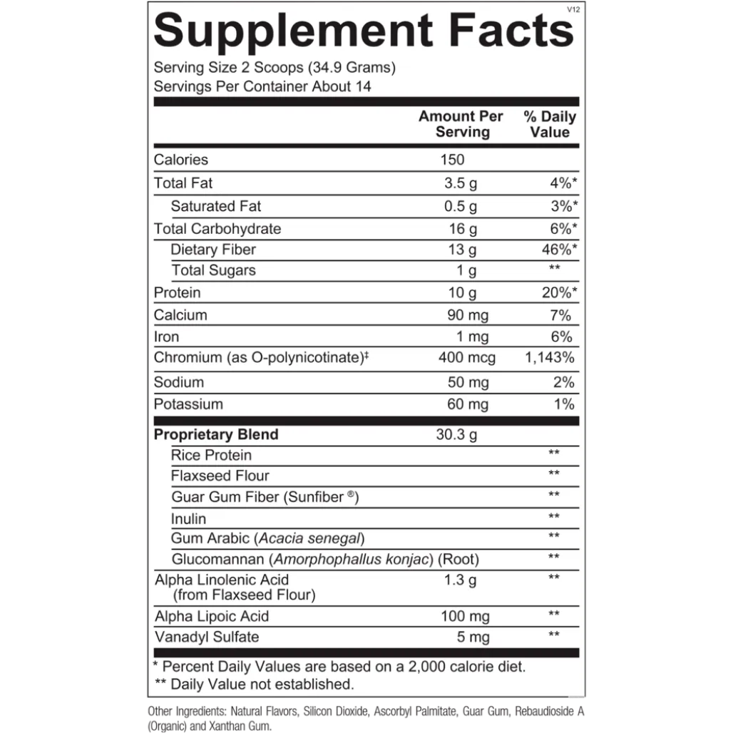 GlycemaCORE Rice Vanilla ingredient panel with berberine, alpha‑lipoic acid, chromium, and metabolic support blend