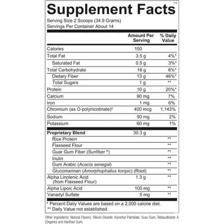 GlycemaCORE Rice Vanilla ingredient panel with berberine, alpha‑lipoic acid, chromium, and metabolic support blend