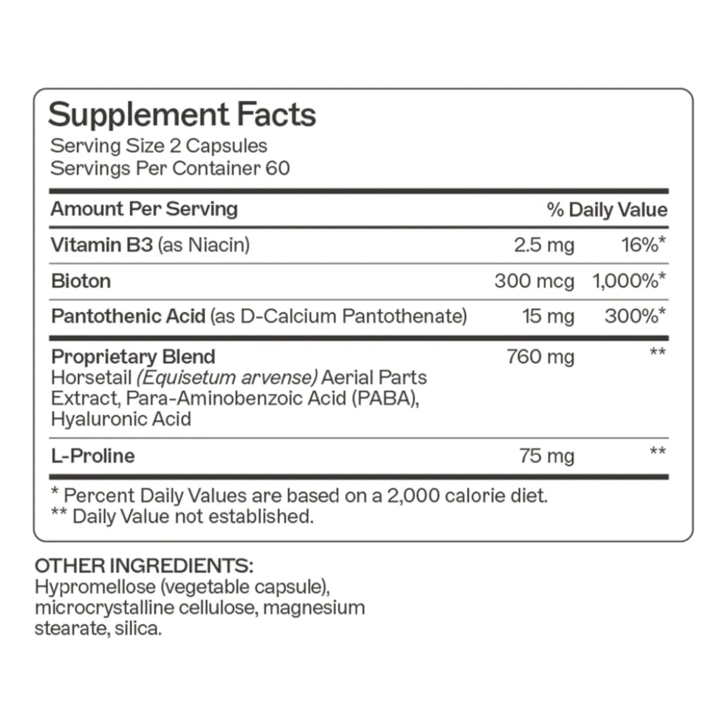 Supplement facts for Hair, Skin, and Nails featuring Biotin, Hyaluronic Acid, L-Proline, and Horsetail Extract for collagen support.