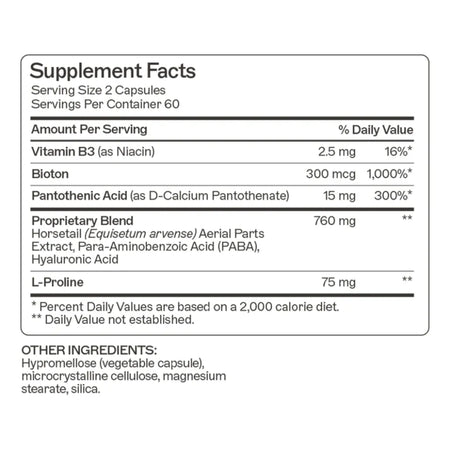 Supplement facts for Hair, Skin, and Nails featuring Biotin, Hyaluronic Acid, L-Proline, and Horsetail Extract for collagen support.