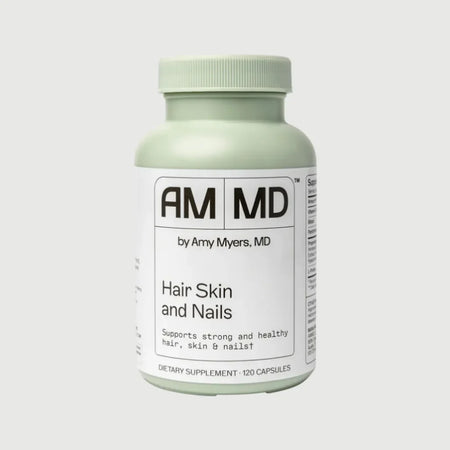 Hair, Skin, and Nails by Amy Myers MD, a 120-capsule bottle designed to support radiant skin, strong hair, and healthy nail growth.