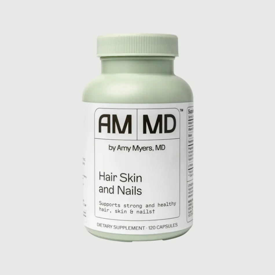 Hair, Skin, and Nails by Amy Myers MD, a 120-capsule bottle designed to support radiant skin, strong hair, and healthy nail growth.