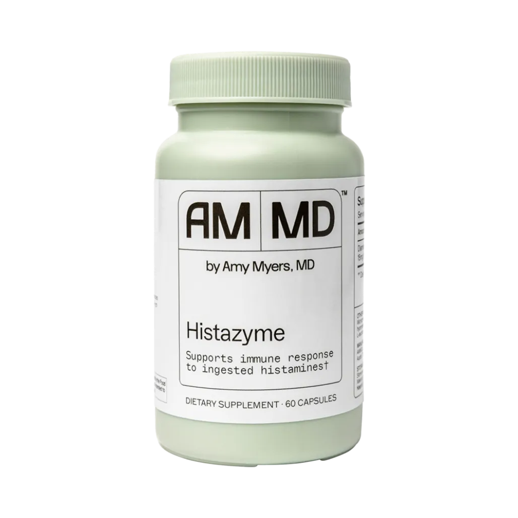 AM MD Histazyme dietary supplement bottle by Amy Myers MD supporting immune response to ingested histamines with 60 capsules