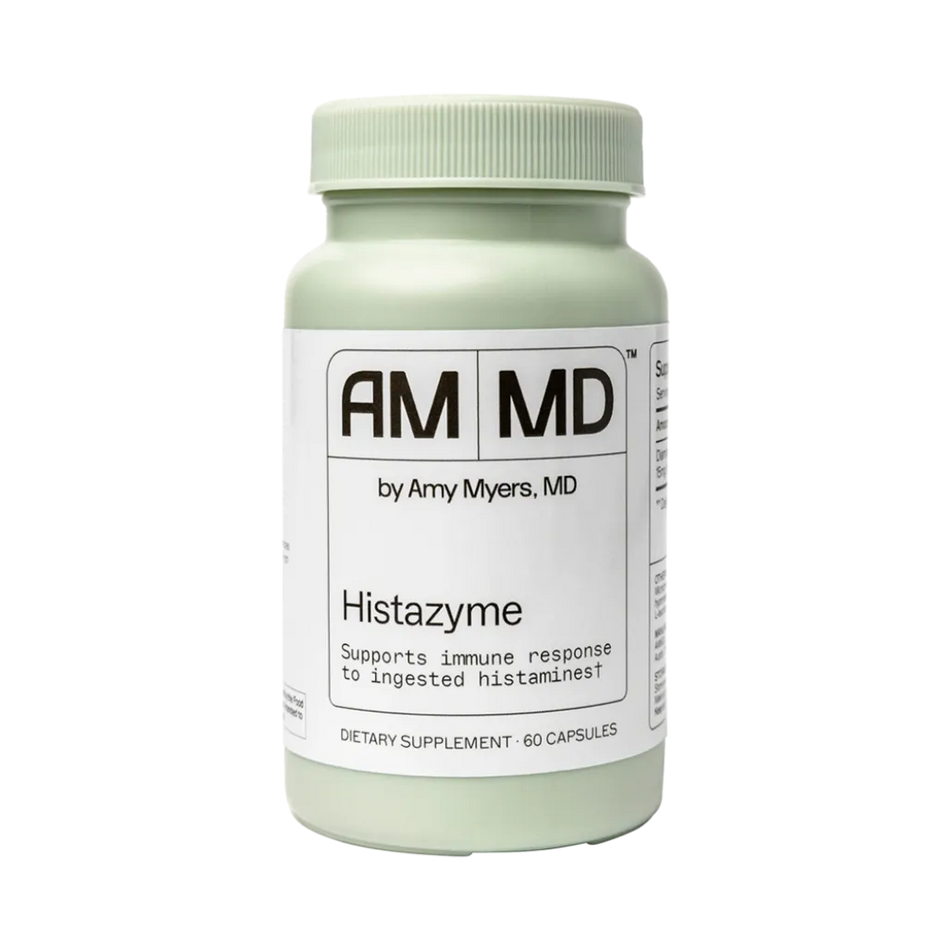 AM MD Histazyme dietary supplement bottle by Amy Myers MD supporting immune response to ingested histamines with 60 capsules