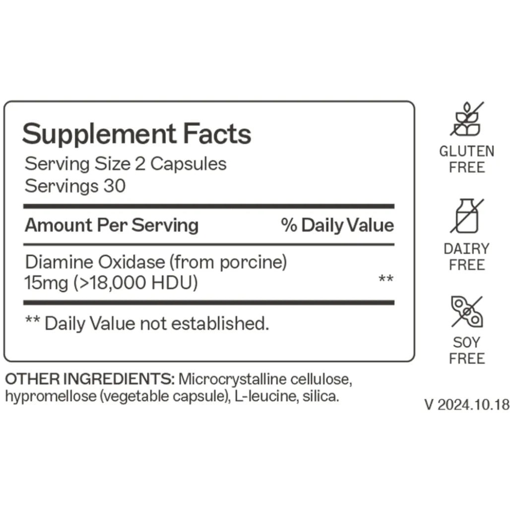 Diamine Oxidase supplement facts label showing 15mg per serving, 30 servings, gluten-free, dairy-free, soy-free capsules
