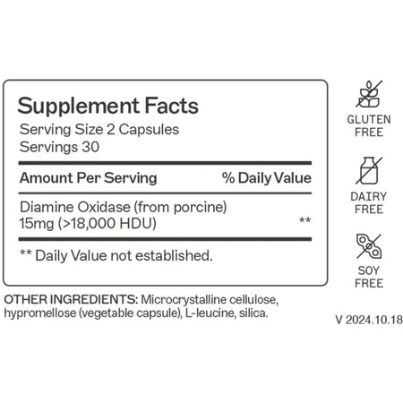 Diamine Oxidase supplement facts label showing 15mg per serving, 30 servings, gluten-free, dairy-free, soy-free capsules