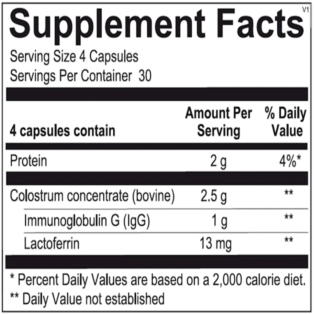 IgG-Protect ingredient panel showing colostrum immunoglobulins, supportive nutrients and capsule components