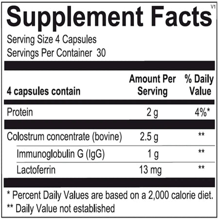 IgG-Protect ingredient panel showing colostrum immunoglobulins, supportive nutrients and capsule components