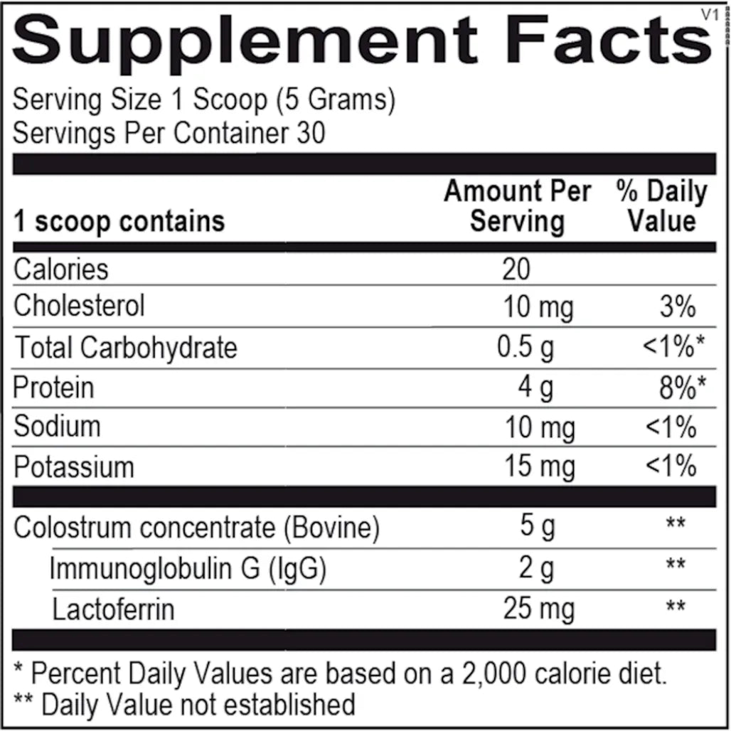 IgG-Protect ingredient panel showing colostrum immunoglobulins, supportive nutrients and capsule components