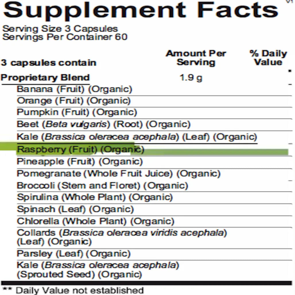 Indigo Greens Caps ingredient panel with green superfood blend, antioxidants and nutrient‑rich botanical extracts
