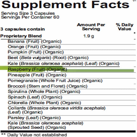 Indigo Greens Caps ingredient panel with green superfood blend, antioxidants and nutrient‑rich botanical extracts