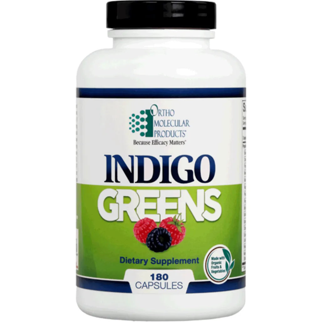 Ortho Molecular Indigo Greens capsules packaging with phytonutrients for detox, gut and immune support