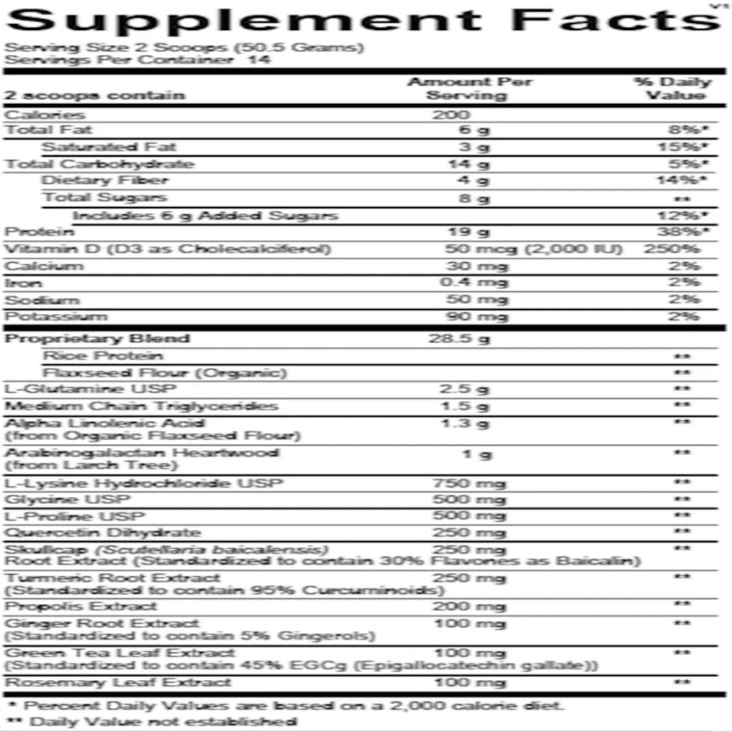 Supplement facts panel for Ortho Molecular Products InflammaCORE Vanilla Chai with protein, amino acids, turmeric, green tea extract, quercetin, and botanical extracts