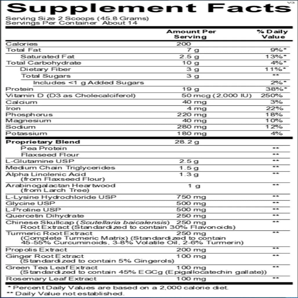 InflammaCORE Vanilla Chai with Pea Protein powder supplement facts label showing ingredient breakdown per serving