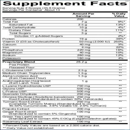 InflammaCORE Vanilla Chai with Pea Protein powder supplement facts label showing ingredient breakdown per serving