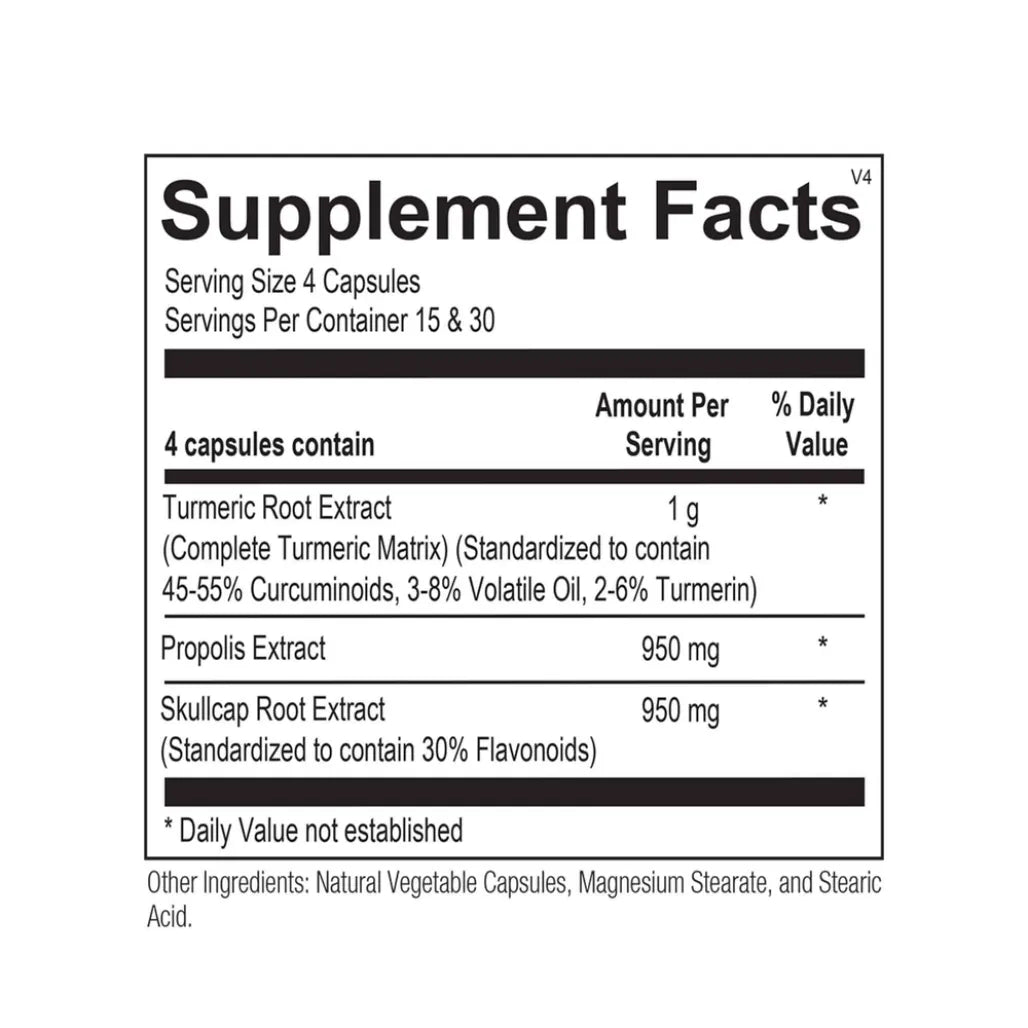 Inflamma-bLOX ingredients list label showing turmeric, skullcap, and bee propolis extracts.