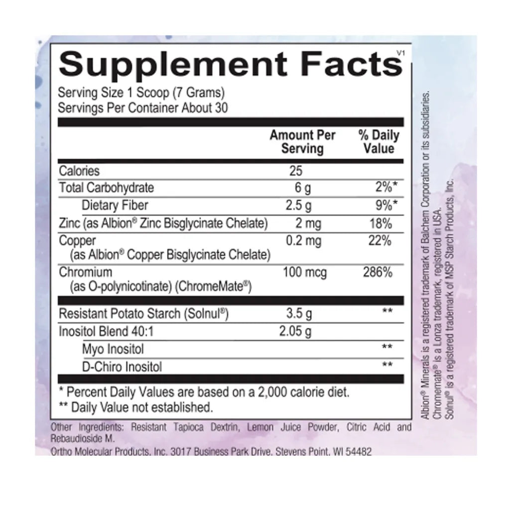 InosiCare ingredients label listing myo‑inositol and D‑chiro inositol blend, Solnul® resistant potato starch, zinc, copper, chromium and other supplemental details.