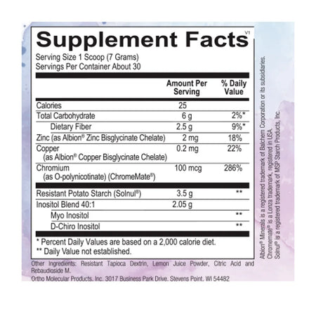 InosiCare ingredients label listing myo‑inositol and D‑chiro inositol blend, Solnul® resistant potato starch, zinc, copper, chromium and other supplemental details.